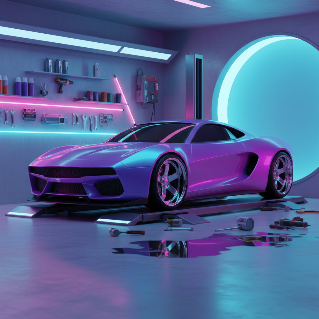 $CUSTOMS sports car on the lift in a neon garage